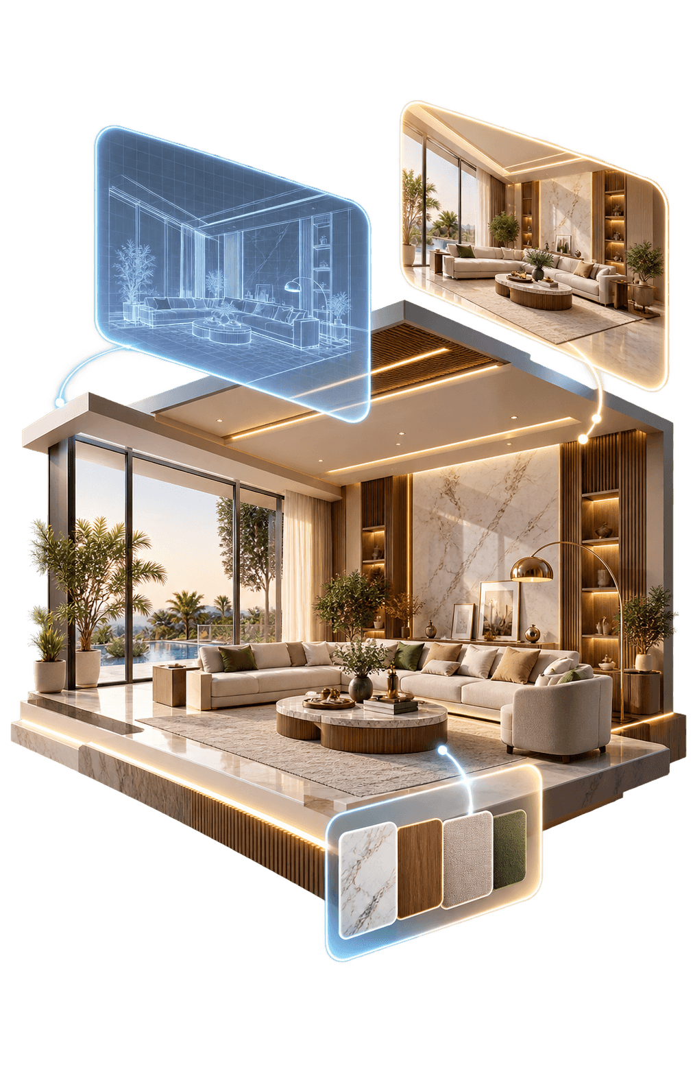 AI interior design with realistic room concepts and material selections