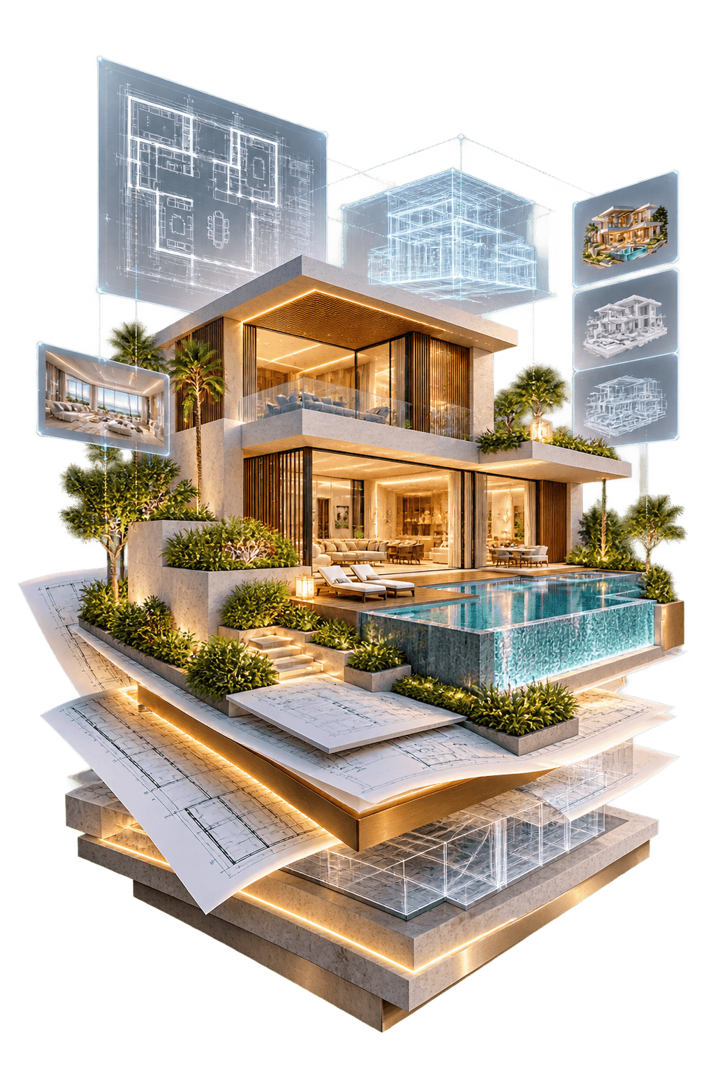 AI villa design with 2D floor plans and 3D architectural concepts