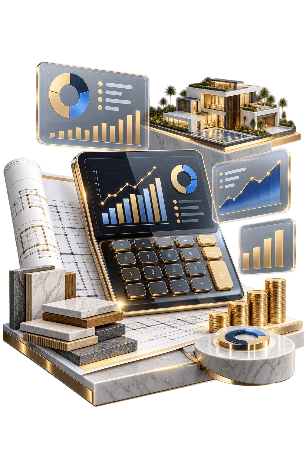 Villa project cost estimation with architectural plans, material samples, and budget charts