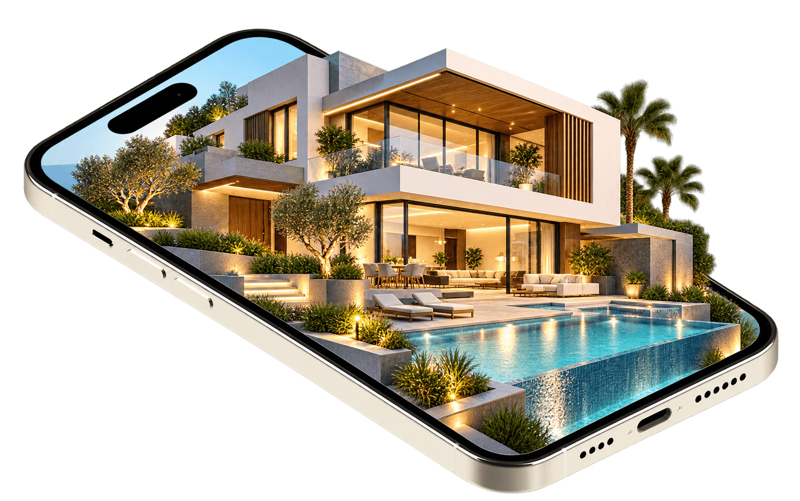 Modern villa with a swimming pool and landscaping emerging from a smartphone